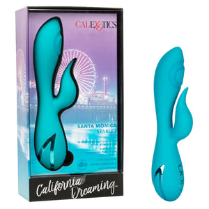 Calexotics Santa Monica Starlet Pulsing Rabbit Vibrator in blue standing upright outside packaging with colourful LA background - Sex Siopa stocks Ireland's best sex toys, lubricants and accessories