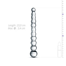Load image into Gallery viewer, The Glass Dildo No 202 standing upright on the wide base side with drawings of the dildo dimensions on a white background Sex toys Ireland - Sex Siopa, Ireland&#39;s best adult shop