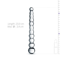 Load image into Gallery viewer, The Glass Dildo No 202 standing upright on the wide base side with drawings of the dildo dimensions on a white background Sex toys Ireland - Sex Siopa, Ireland's best adult shop