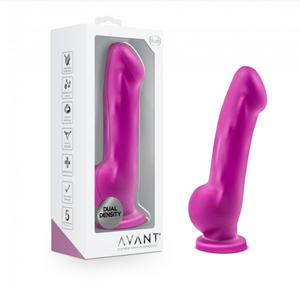 Two Avant Ergo realistic silicone dildos in pink purple with balls and suction cup base in packaging and freestanding - Sex Siopa Ireland