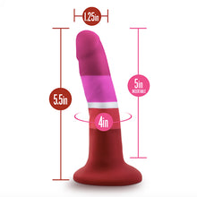 Load image into Gallery viewer, Avant lesbian pride flag realistic platinum silicone purple gold blue dildo with balls and suction cup base standing upright with the height, width and circumference dimensions on white background