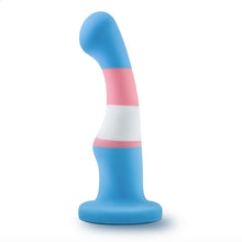 Load image into Gallery viewer, Avant Trans Pride Silicone Dildo blue pink and white stripes standing upright on white ground