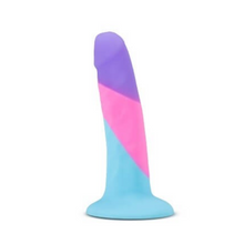 Load image into Gallery viewer, Avant Vision of Love 100% silicone blue pink purple striped dildo with a wide suction cup base standing upright on white background