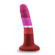 Load image into Gallery viewer, Avant lesbian pride flag realistic platinum silicone purple gold blue dildo with balls and suction cup base standing upright on white background