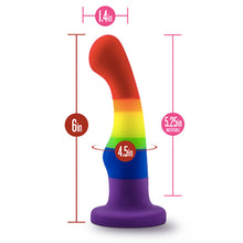 Load image into Gallery viewer, Avant Rainbow Pride purple blue green yellow orange red striped Dildo standing upright with measurement details made from platinum cured silicone 