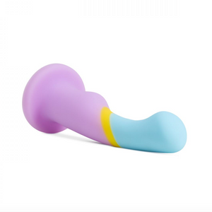 Avant heart of gold realistic silicone purple gold blue dildo with balls and suction cup base lying on side on white background 