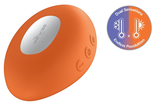 Orange electronic personal massager with a label indicating 'Dual Sensations' on a white background