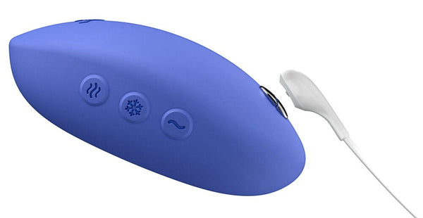 A blue personal massager with three control buttons and a white wired charger shown on a plain white background.