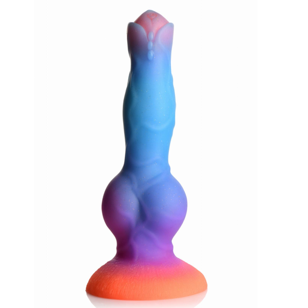 A rear view of the vertical silicon textured alien dildo in orange/purple/blue colour scheme.