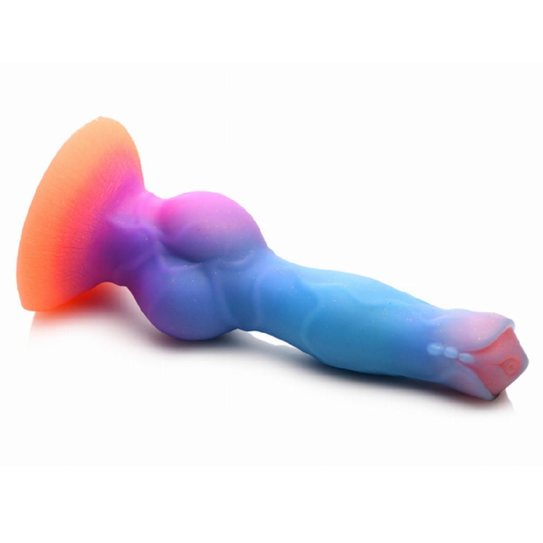 Rear view of the horizontal silicon textured alien dildo in orange/purple/blue colour scheme.