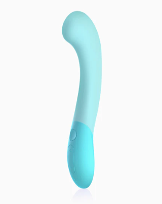Side view of Biird Gii Rechargeable G-Spot Vibrator in light blue. Shown vertical on a white background.