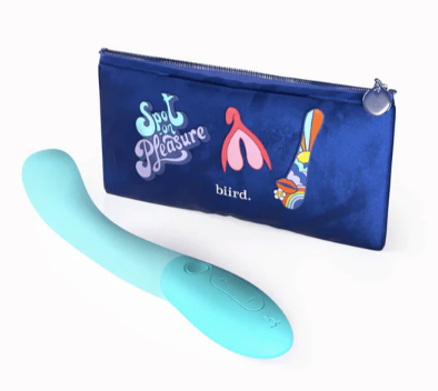 Rear view of Biird Gii Rechargeable G-Spot Vibrator in light blue. Shown horizontal on a white background, alongside a decorated navy blue carry case.