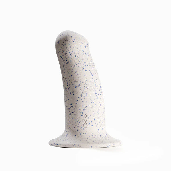 A single Biird Boo & Bae Silicone Suction Cup Dildo in grainy white and blue. Shown on a white background.