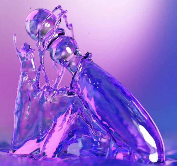 Biird Cecii Luxury Glass Dildo shown in purple and clear glass amid a lot of water. Shown on a pink and purple background.