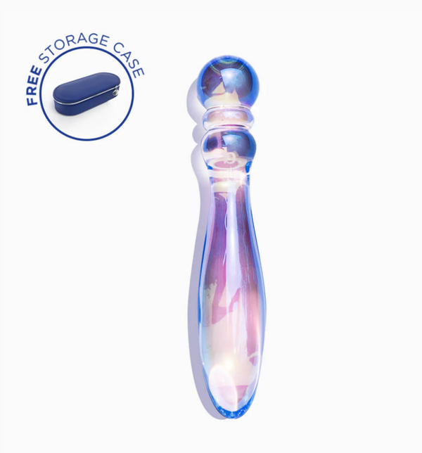 Biird Cecii Luxury Glass Dildo shown in purple and clear glass. White background and close up of storage case.