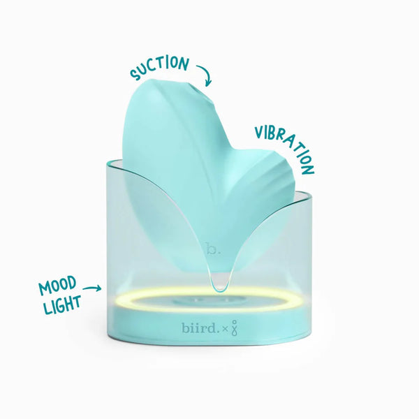 Biird Namii Rechargeable Dual "Sucker" & Vibrator in light blue. Shown in its light blue hued holder with its features pointed out.