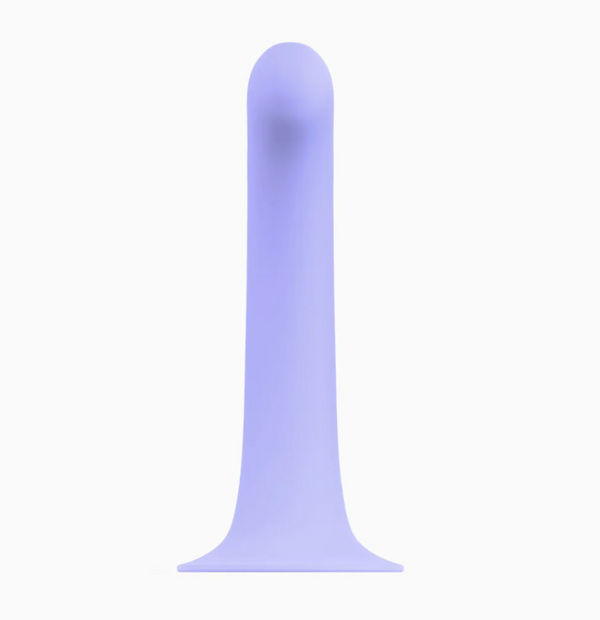 Aerial view of a Biird Surii Silicone Suction Cup Dildo shown in lilac on a white background