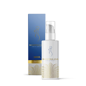 Body Gliss Care Comfort Silicone Lubricant with vitamin E white bottle with gold font and logo standing upright with sealable squeeze top and blue packaging box in the background - Sex Siopa stocks Ireland's best sex toys, lubricants and accessories