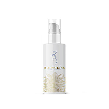 White and gold body gliss care and comfort silicone lubricant with vitamin E bottle standing upright with sealable squeeze top on white background - Sex Siopa stocks Ireland's best sex toys, lubricants and accessories