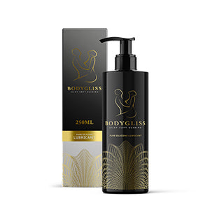 BodyGliss Silky Soft Gliding Silicone Lubricant black and gold bottle standing upright with squeeze top and packaging in the background Sex toys Ireland - Sex Siopa, Ireland's best adult shop