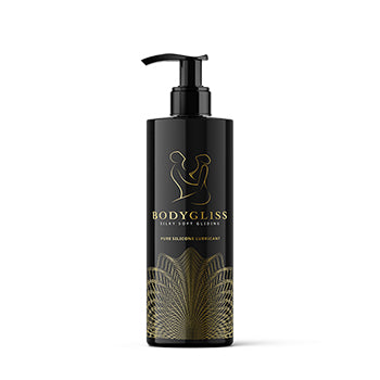 Body Gliss Silky Soft Gliding Silicone Lubricant black bottle with gold writing and logo standing upright with press down top - Sex Siopa stocks Ireland's best sex toys, lubricants and accessories