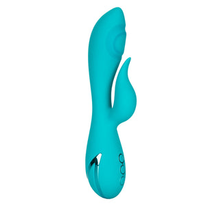 Calexotics Santa Monica Starlet Pulsing Rabbit vibrator in blue with clit stimulator standing upright on white background - Sex Siopa stocks Ireland's best sex toys, lubricants and accessories. 