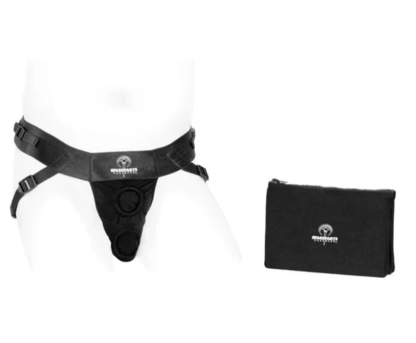 Spare Parts Deuce Harness for Double Penetration in black, shown on a white mannequin, alongside a black carry bag.