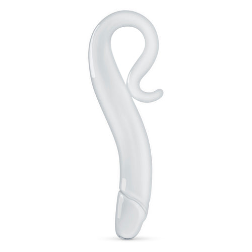 Gildo No 14 glass dildo with a curved penis shape and round handle standing upright on the tip end Sex toys Ireland - Sex Siopa, Ireland's best adult shop