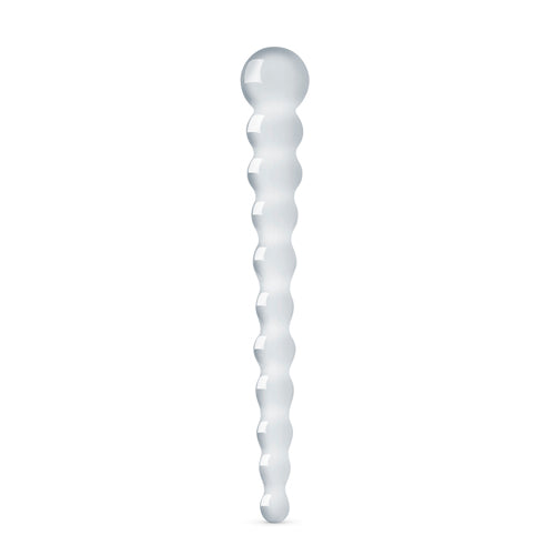 The Glass Dildo No.20 standing upright with glass ribbed girth on white background Sex toys Ireland - Sex Siopa, Ireland's best adult shop