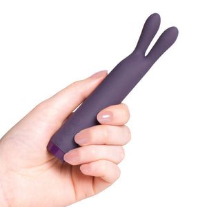 A woman's hand holding the Je Joue rabbit bullet rechargeable vibrator sex toy in purple in front of a white background
