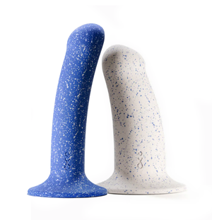 Two Biird Boo & Bae Silicone Suction Cup Dildos in grainy blue and white. Shown together on a white background.