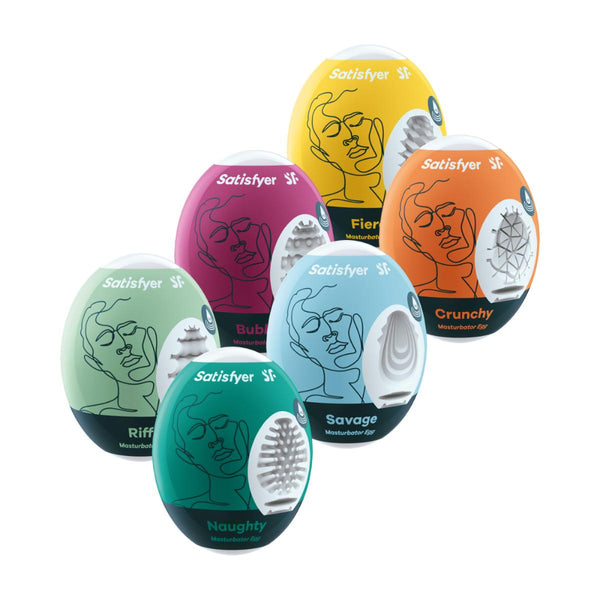 Set of 6 multicoloured Satisfyer Masturbation eggs in dark green, light blue, orange, light green, yellow, and burgundy.