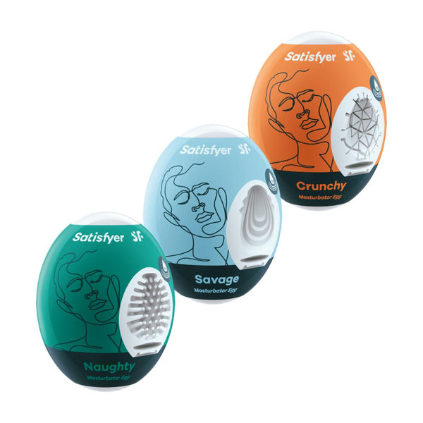 Set of 3 Satisfyer masturbation egg sex toys in dark green, light blue, and orange.