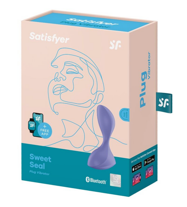 Packaging of the Satisfyer Sweet Seal App Controlled Vibrating Butt Plug in teal, beige, and blue.
