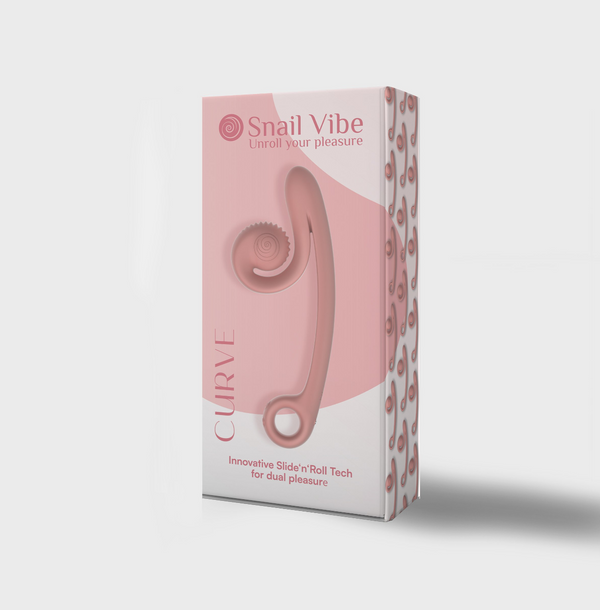 Front view of a Snail Curve Rechargeable Extending Vibrator in light pink in its packaging, shown on a white background.