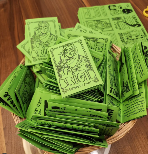 Fold Out Zine by Selkies. Grey and green colour scheme, with a St Brigid theme.