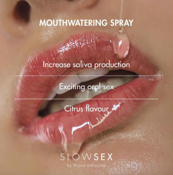 Close up of Slow Sex Mouthwatering Spray packaging, featuring a dripping mouth behind text