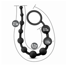 Load image into Gallery viewer, Side view of black silicon anal beads with measurements.