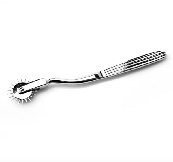 Metallic pinwheel for bdsm with a handle and circular end on a white background