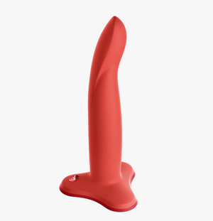 Fun Factory Limba Flex medium silicone dildo with suction base for a strap-on harness. Its tomato red set against a white background. 