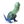 A novelty realistic dildo with dinosaur legs and tail, featuring a smooth gradient from light mint green at the top to deep metallic blue at the base, standing on a reflective white surface.