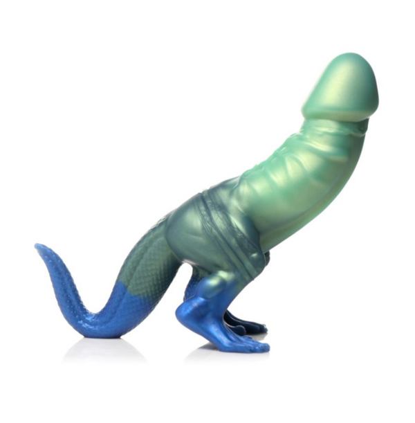 A dinosaur-themed dildo with a green-to-blue gradient, standing on its hind feet against a white background.