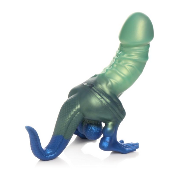 Sex toy silicone dildo with dinosaur legs and tail and a green-to-blue gradient finish , shown from a three-quarters angle on a white background.