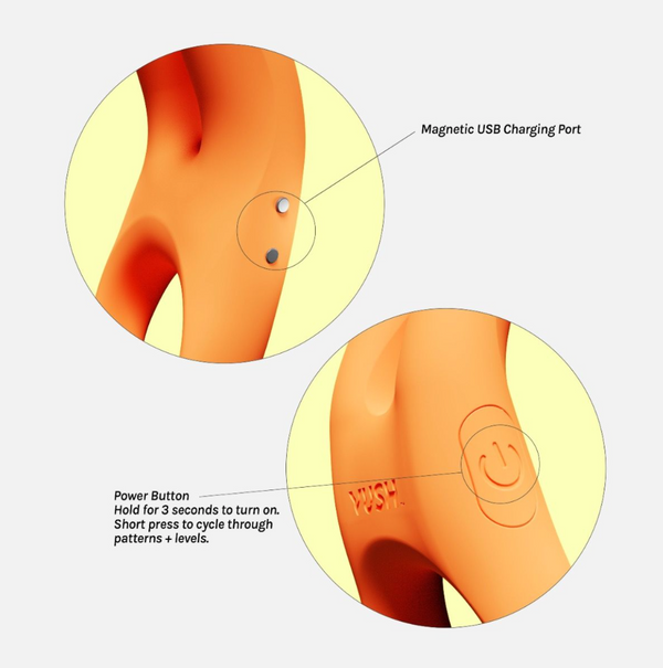 2 Close ups of the charging port and power button of the Vush Orb cock ring in Orange.