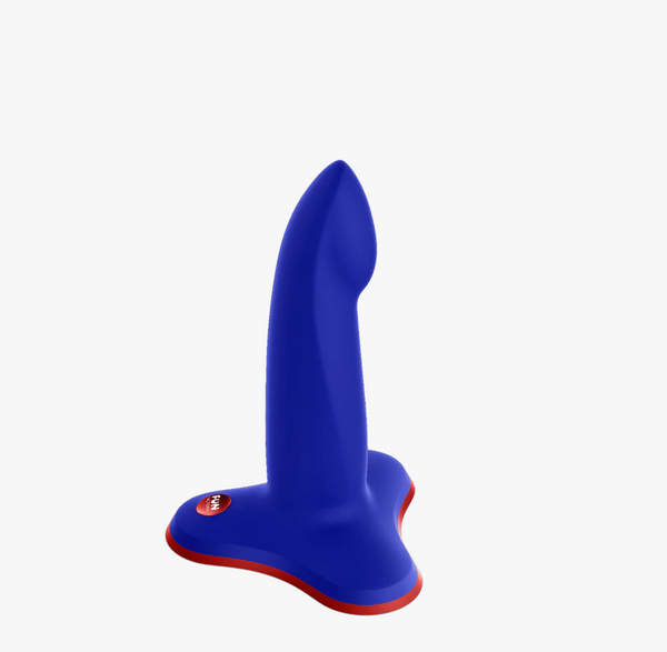 un Factory Limba Flex small bendable silicone dildos with suction base for a strap-on harness. Bright blue colour set against a white background. The Limba Flex comes in a small and medium size. 