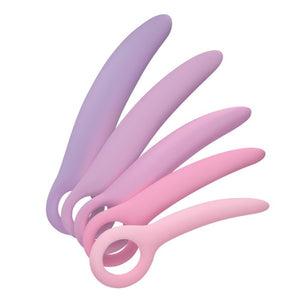 Skins Care Silicone Vaginal Dilator Kit in various shades of pink to lilac. Featuring 5 dilators on a white background.