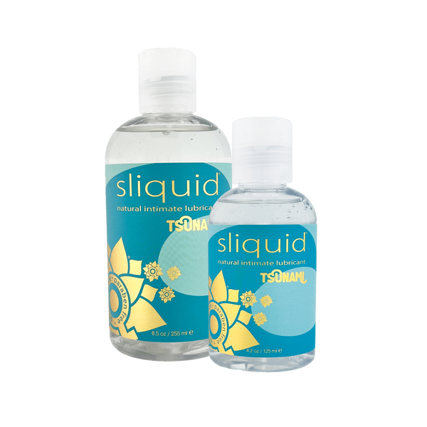 Two different sized bottles of Sliquid Tsunami side by side. 