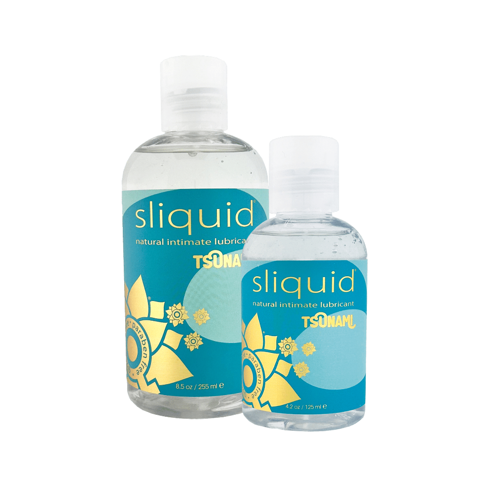 Two different sized bottles of Sliquid Tsunami side by side. 