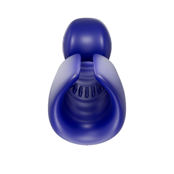Bottom view of the Snail Vibe Evo rechargeable and extendable penis vibrator in blue, on a black chequered background.
