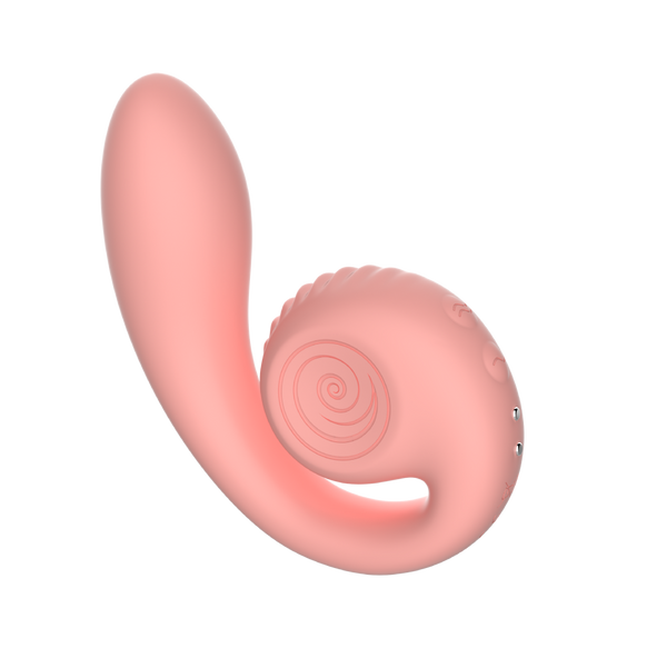Side view of the Snail Gizi Rechargeable Extending Vibrator in pink on a black chequered background